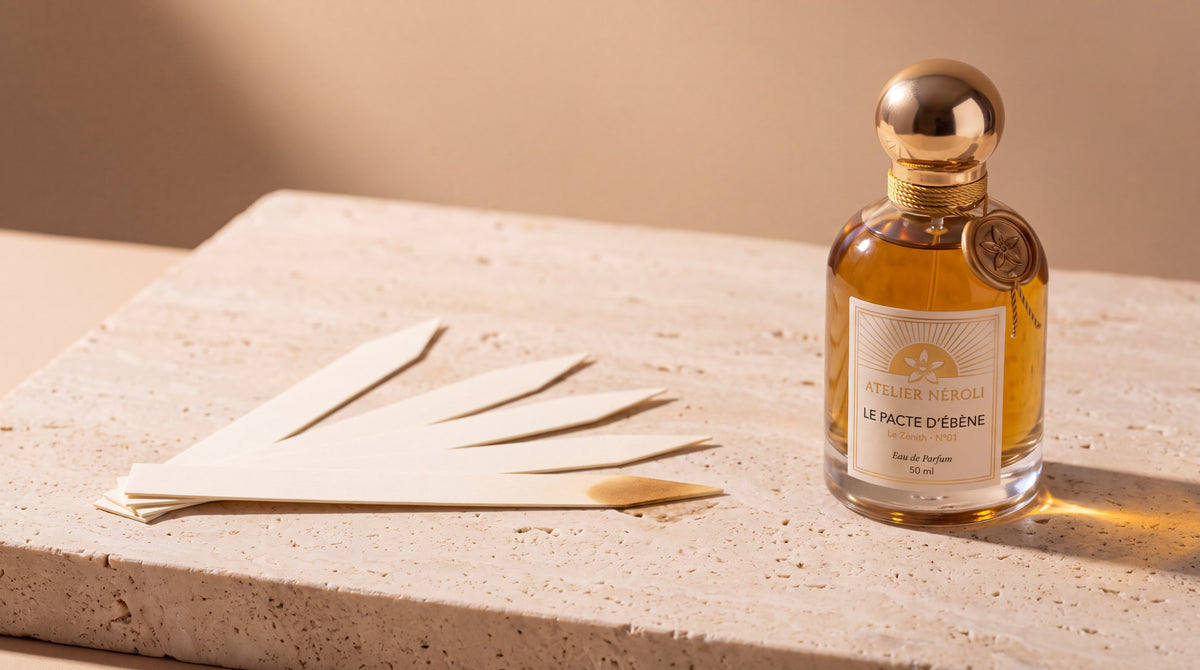 Cinq touches à parfum en éventail devant un flacon Atelier Néroli