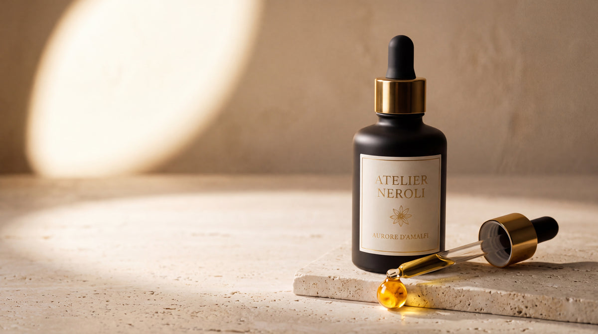 L'huile de parfum Atelier Néroli, sa pipette et une goutte, sur travertin