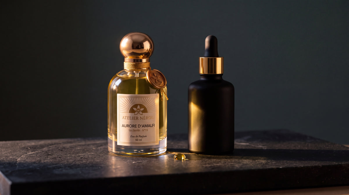 L'eau de parfum et l'huile de parfum Atelier Néroli côte à côte sur pierre sombre
