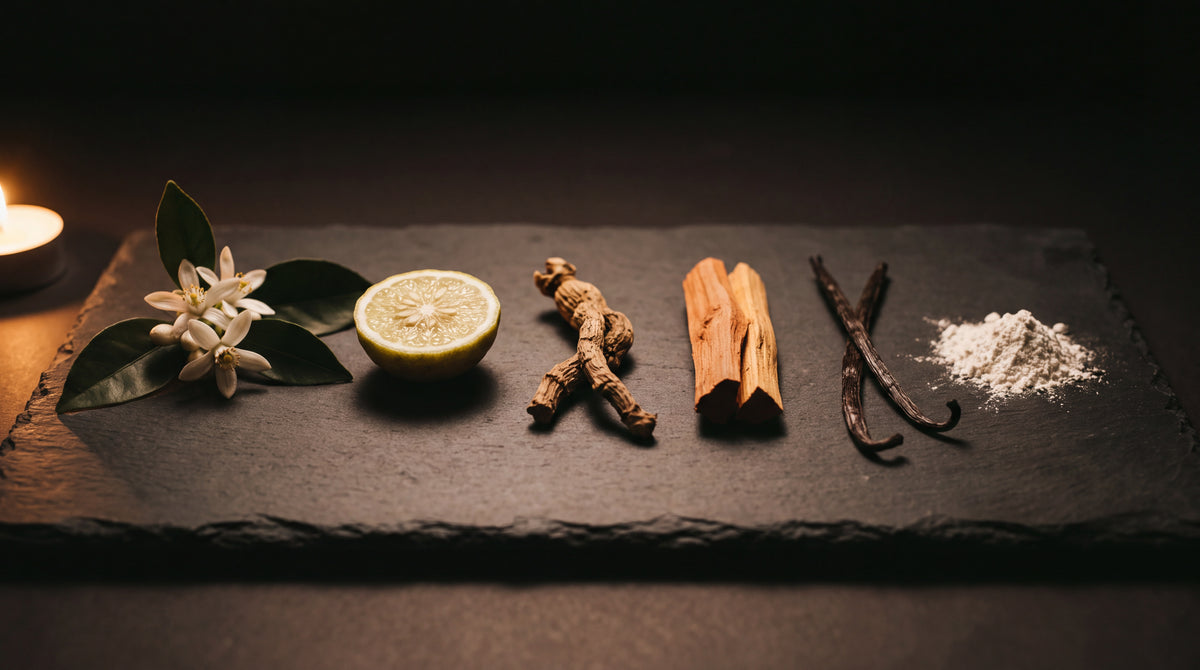 Les six matières premières d'Atelier Néroli : fleur d'oranger, bergamote, iris, santal, vanille, musc