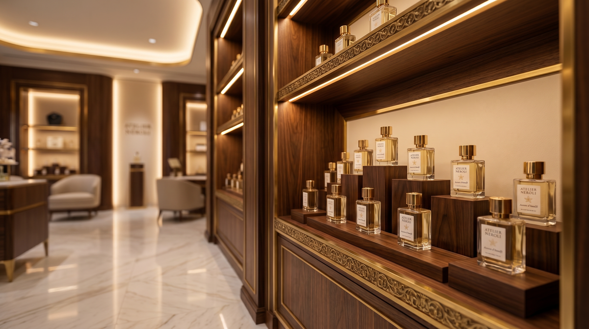 Atelier Néroli — boutique de parfumerie de luxe, flacons en vitrine