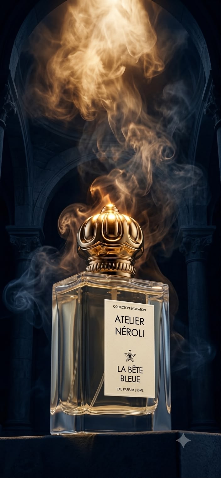 La Bête Bleue — Eau de Parfum Atelier Neroli, flacon doré dans une nef de pierre enfumée