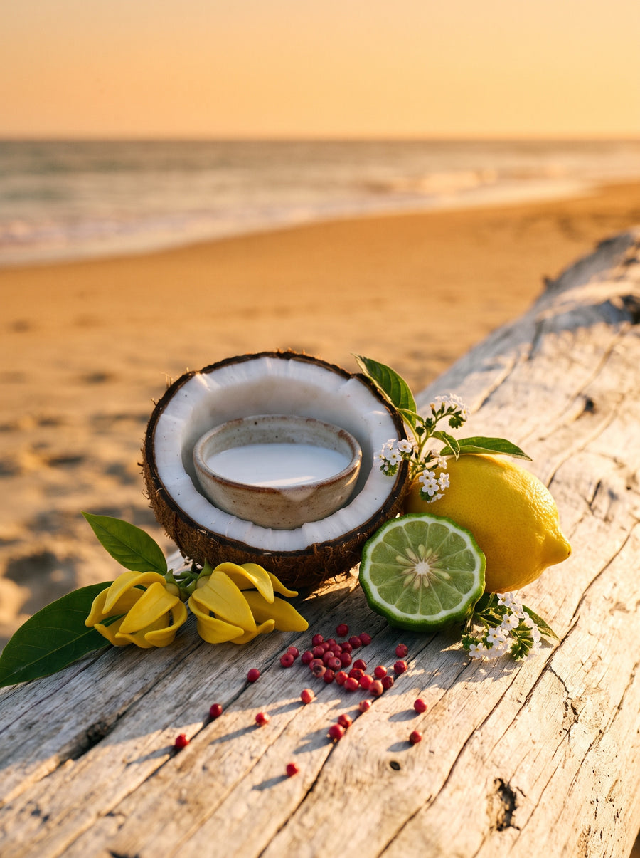 Lait de coco, ylang-ylang et bergamote — matières de la Bougie Sunset Walk