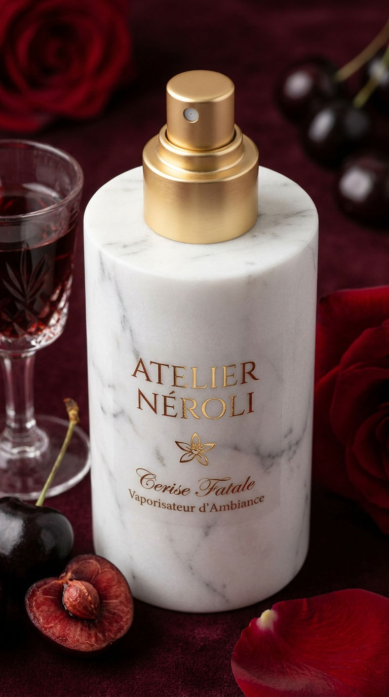 Vaporisateur d'ambiance Cerise Fatale, vue trois-quarts, cerises