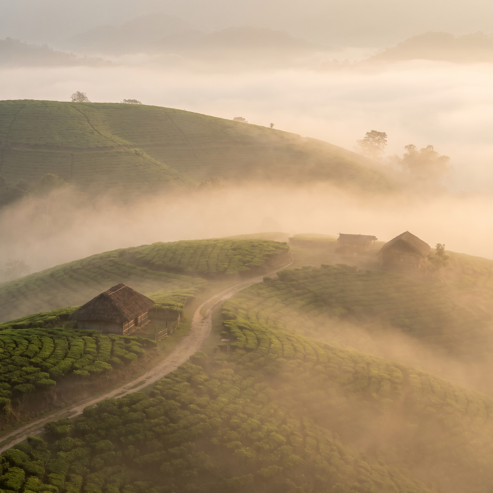 Collines de thé brûmeuses d'Assam en Inde au lever du jour