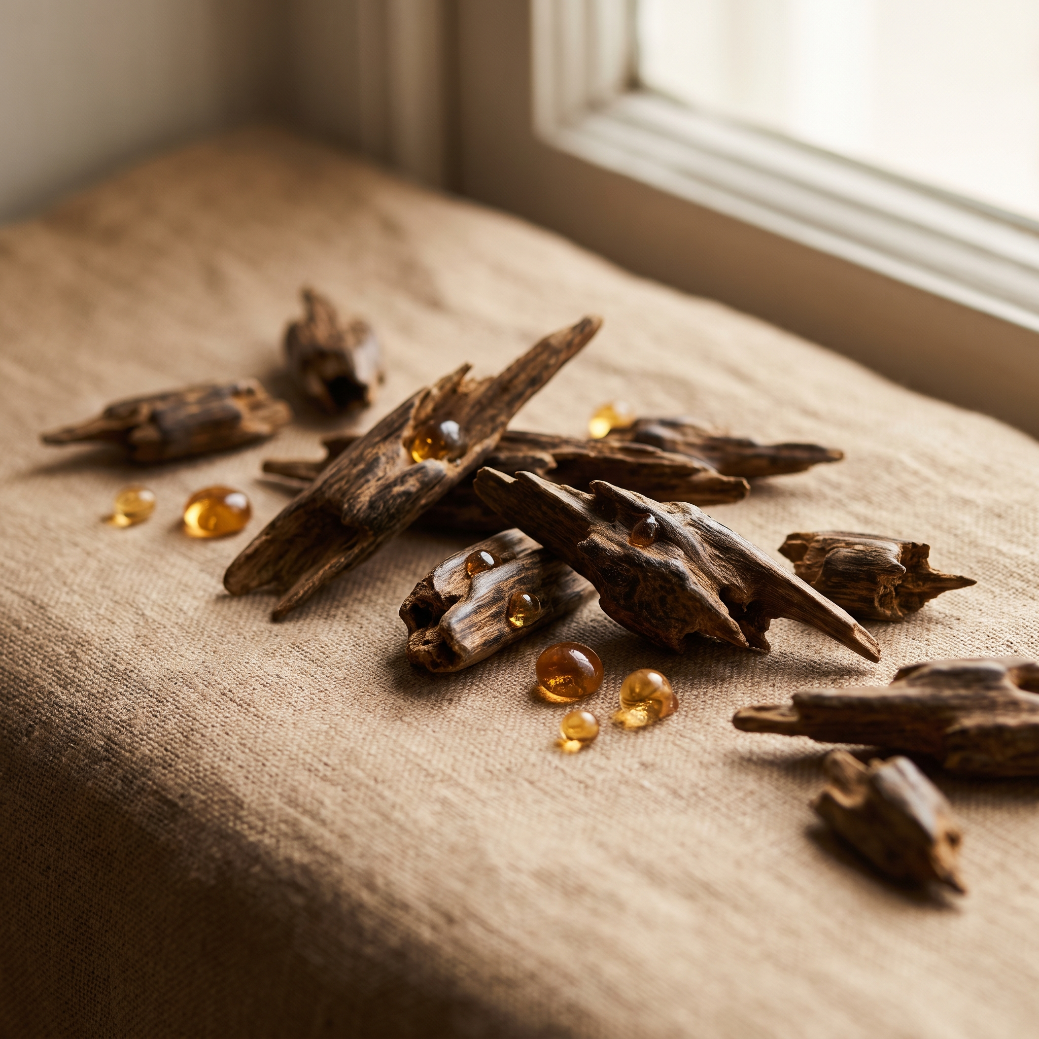 Copeaux de bois de oud cambodgien et gouttes de résine ambrée sur lin beige
