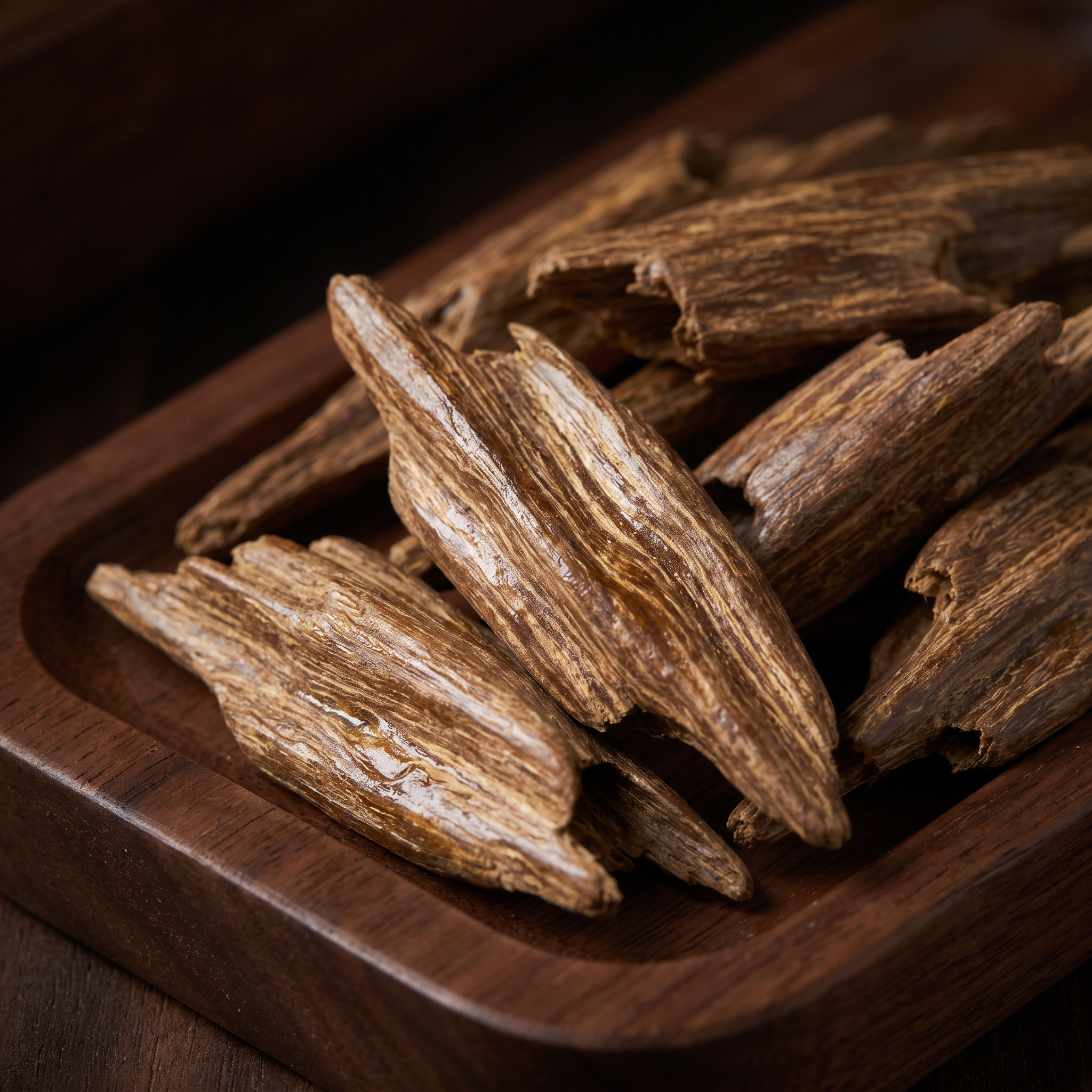 Copeaux de bois de oud malaisien brut, brun clair, sur plateau en bois