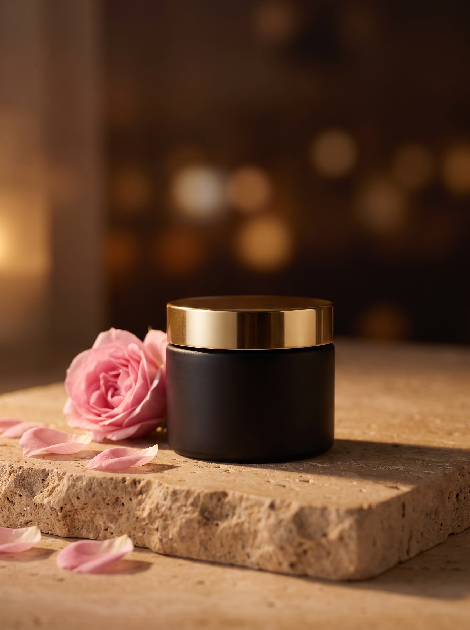 Crème de Nuit à la Rose de Damas — pot noir à couvercle doré, rose
