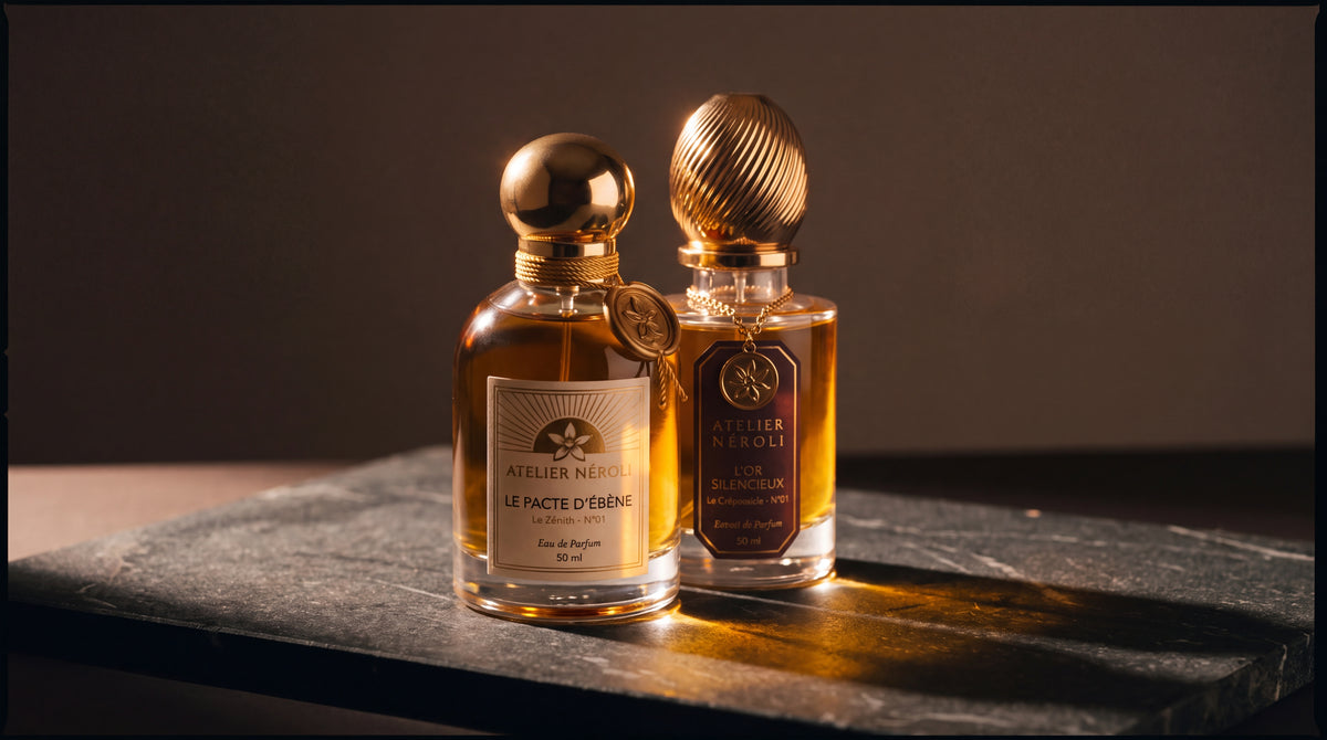 Deux flacons Atelier Néroli de deux chapitres, posés côte à côte