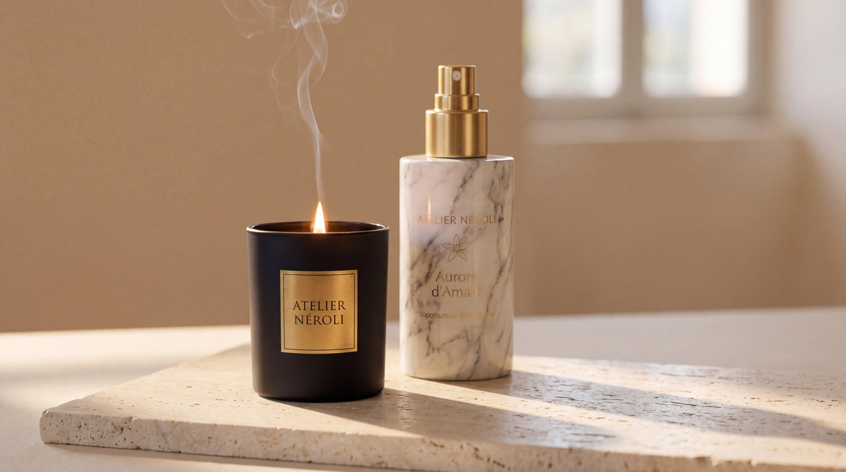 La bougie et le vaporisateur d'ambiance Atelier Néroli dans la lumière d'une fenêtre