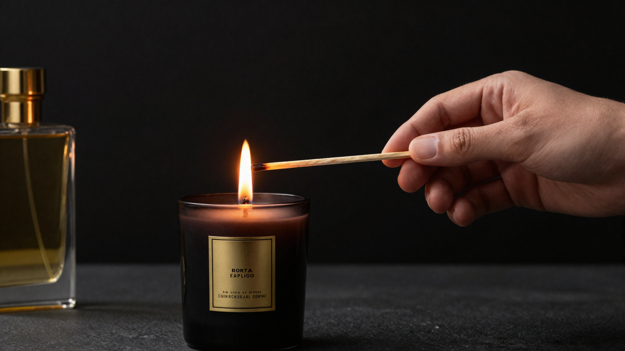 Une main allume une bougie parfumée noire à l'aide d'une longue allumette, flamme dorée sur fond noir