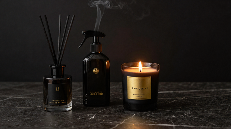 Trio de parfums d'intérieur sur marbre sombre : diffuseur à bâtonnets, vaporisateur d'ambiance et bougie noire allumée