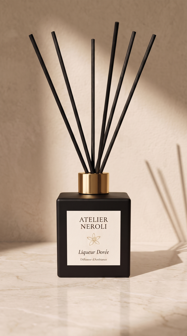 Diffuseur d'ambiance Atelier Néroli, flacon noir mat et bâtonnets, sur marbre crème
