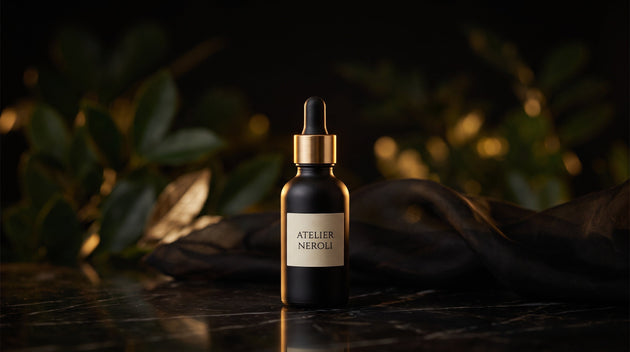 Huiles Essentielles Atelier Néroli — flacon compte-gouttes sur marbre noir, éclairage doré