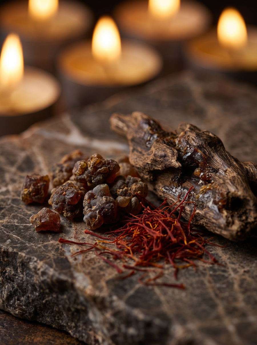 Bougie d'Ambiance – Aura de Pouvoir — matières — Atelier Neroli