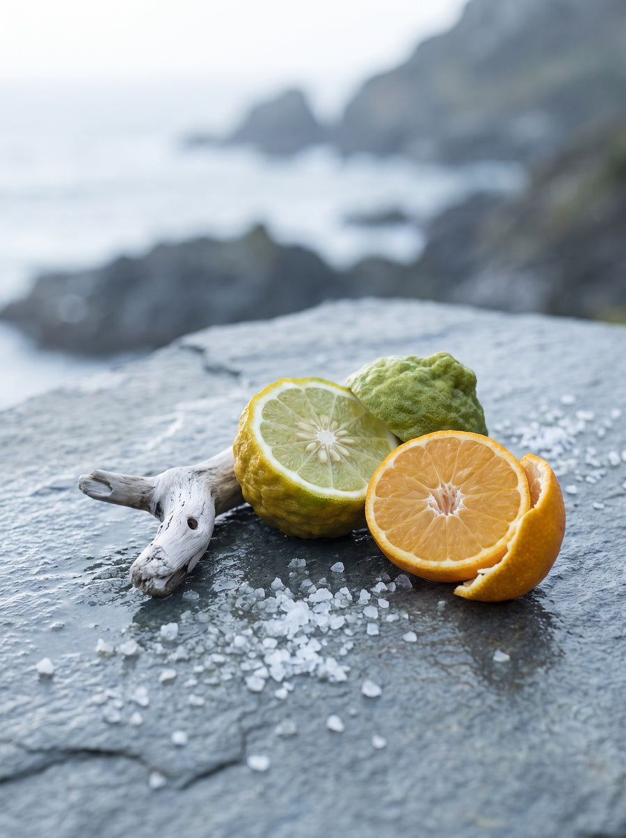 Bergamote, mandarine et bois flotté — matières de la Bougie Acqua Forte