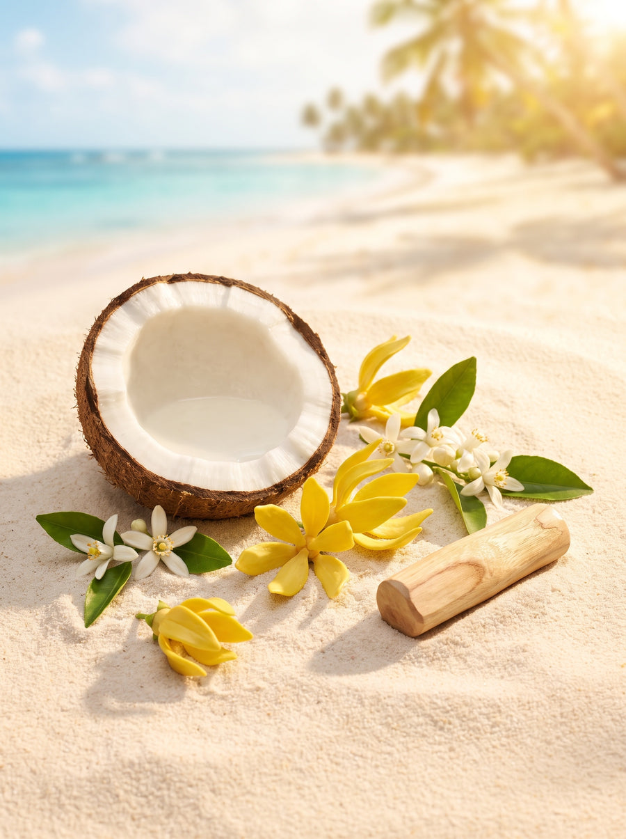 Noix de coco, ylang-ylang et santal — matières de la Bougie Sable Blanc