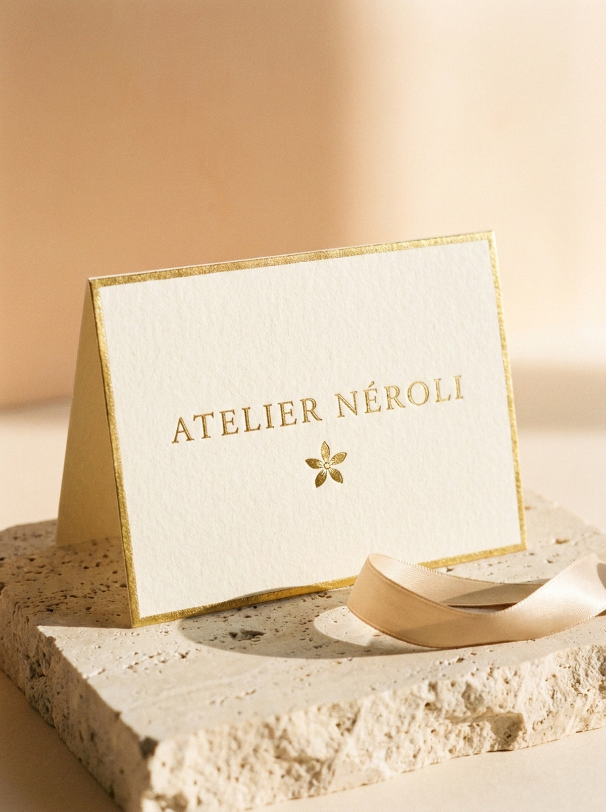 Carte cadeau Atelier Néroli : carte ivoire à liseré doré sur du travertin