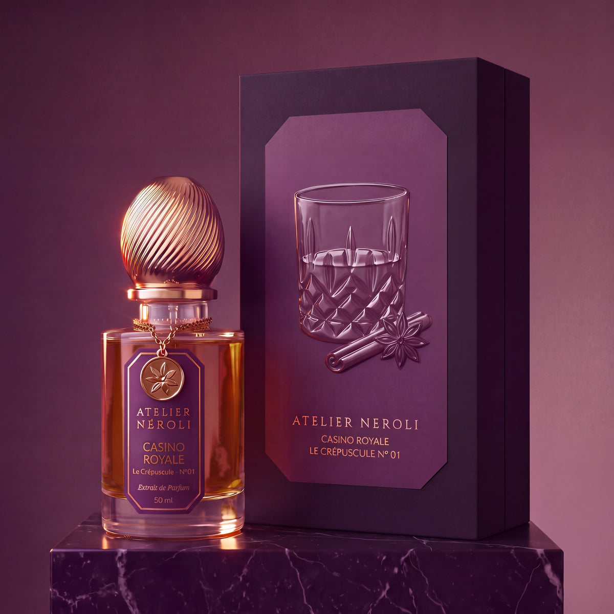 Flacon et coffret de Casino Royale — Collection Le Crépuscule N°01 — Atelier Néroli