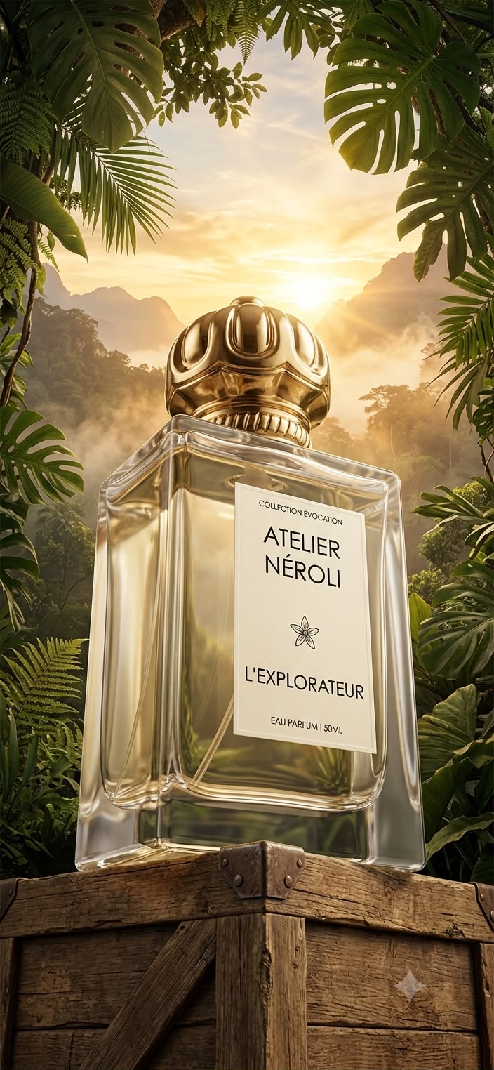 L'Explorateur — Eau de Parfum Atelier Neroli, flacon doré dans la jungle au lever du soleil
