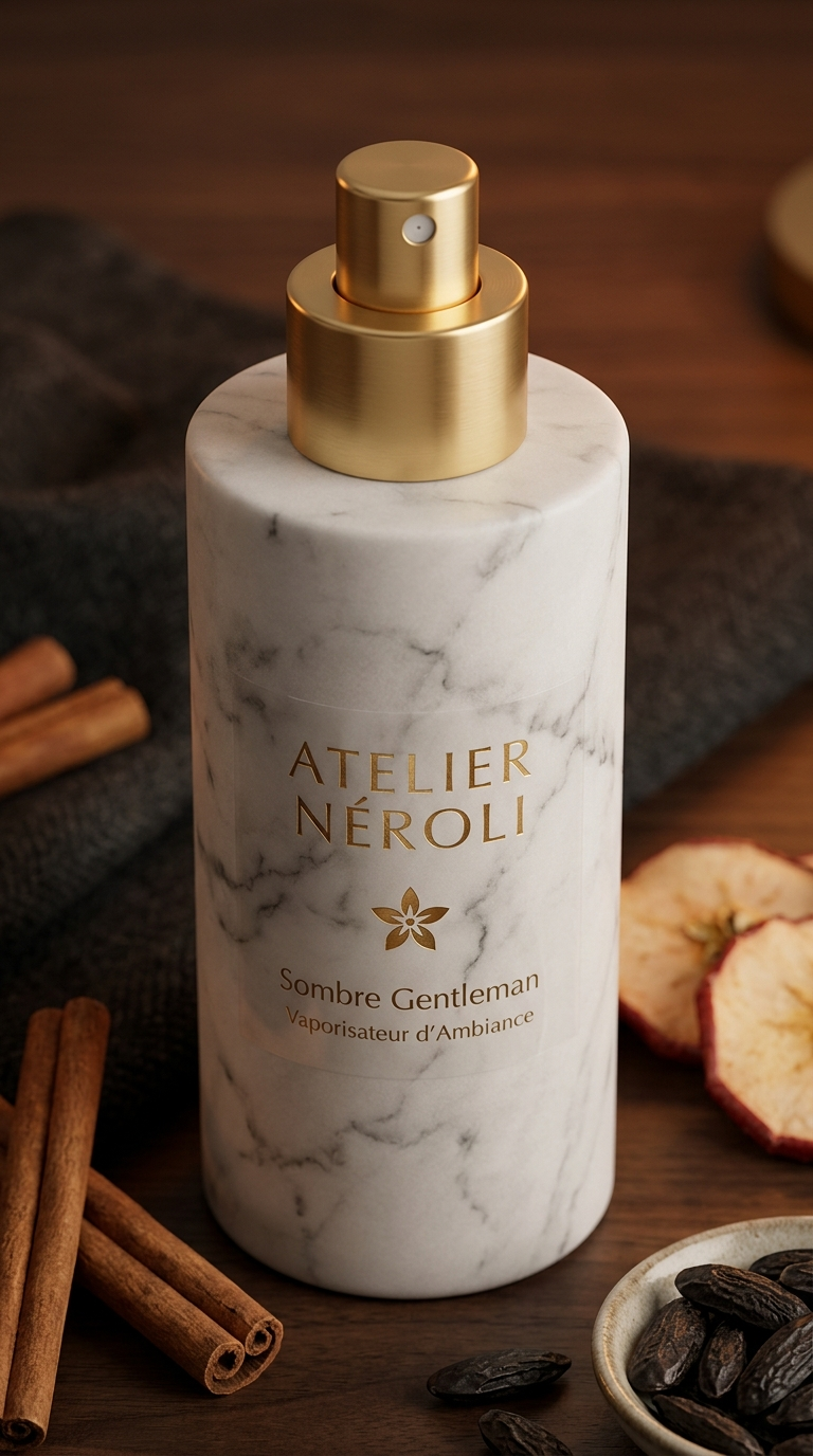 Vaporisateur d'ambiance Sombre Gentleman, vue trois-quarts, cannelle