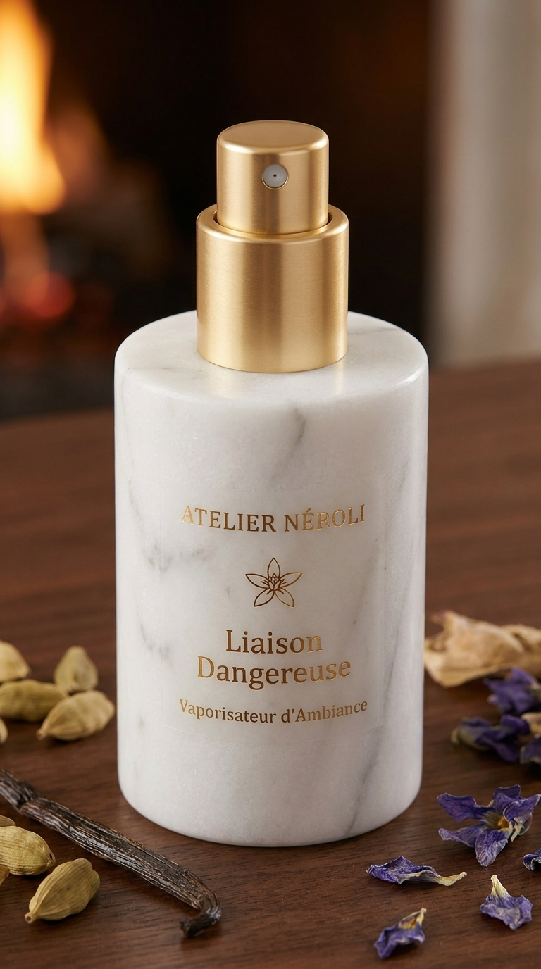 Vaporisateur d'ambiance Liaison Dangereuse, vue trois-quarts, cardamome