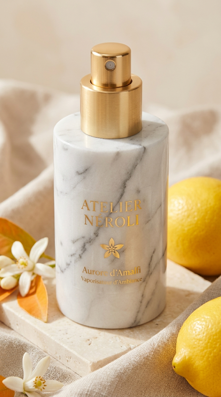 Vaporisateur d'ambiance Aurore d'Amalfi, vue trois-quarts, citrons