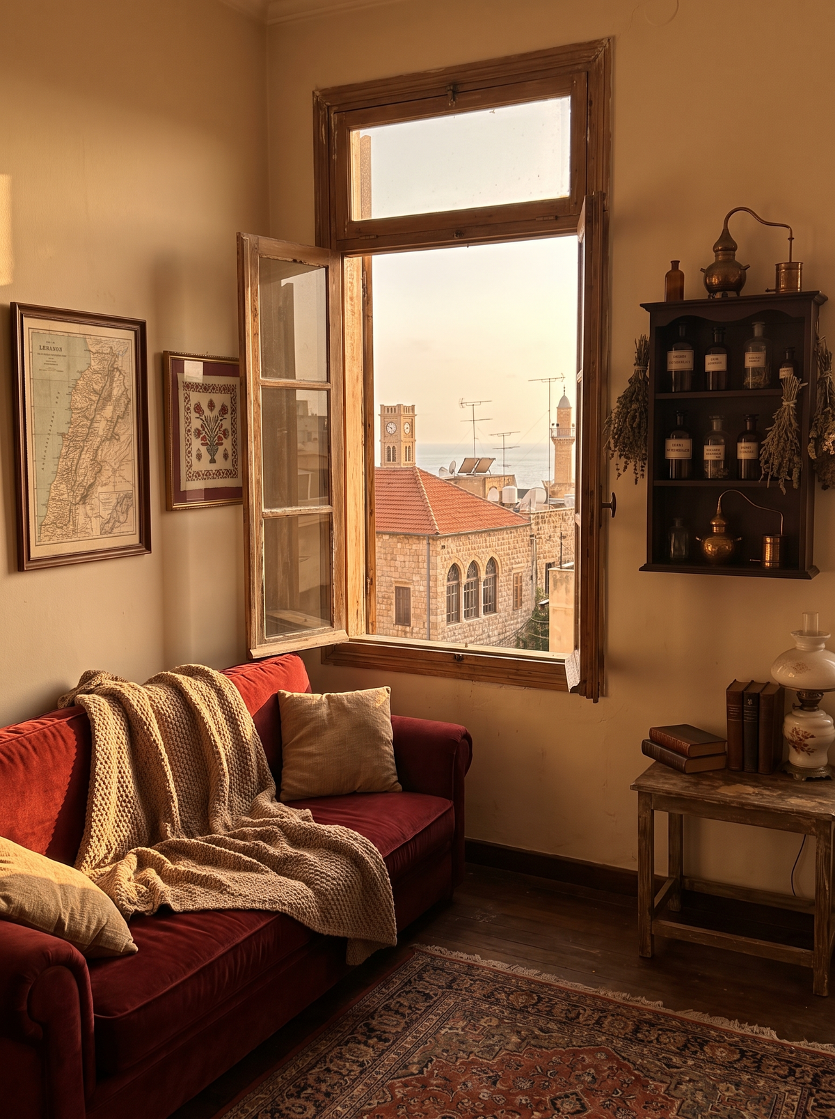 Salon vintage a Beyrouth, canape en velours rouge face a la fenetre sur les toits de la vieille ville