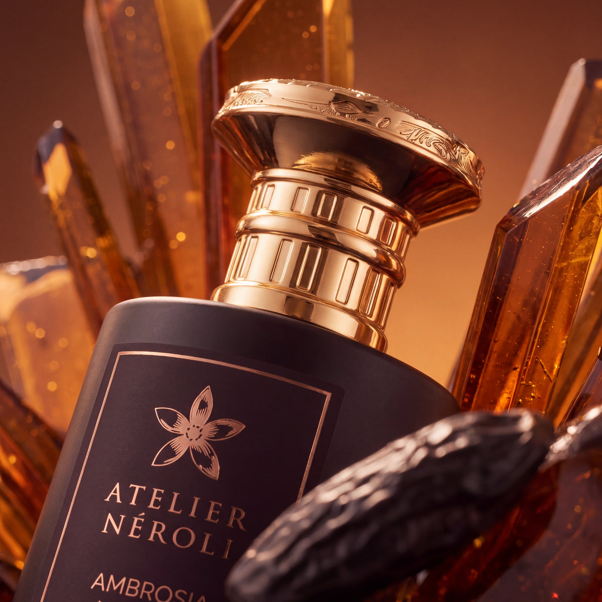 Détail du flacon d'Ambrosia — capot ciselé et étiquette — Collection Minuit N°04 — Atelier Néroli