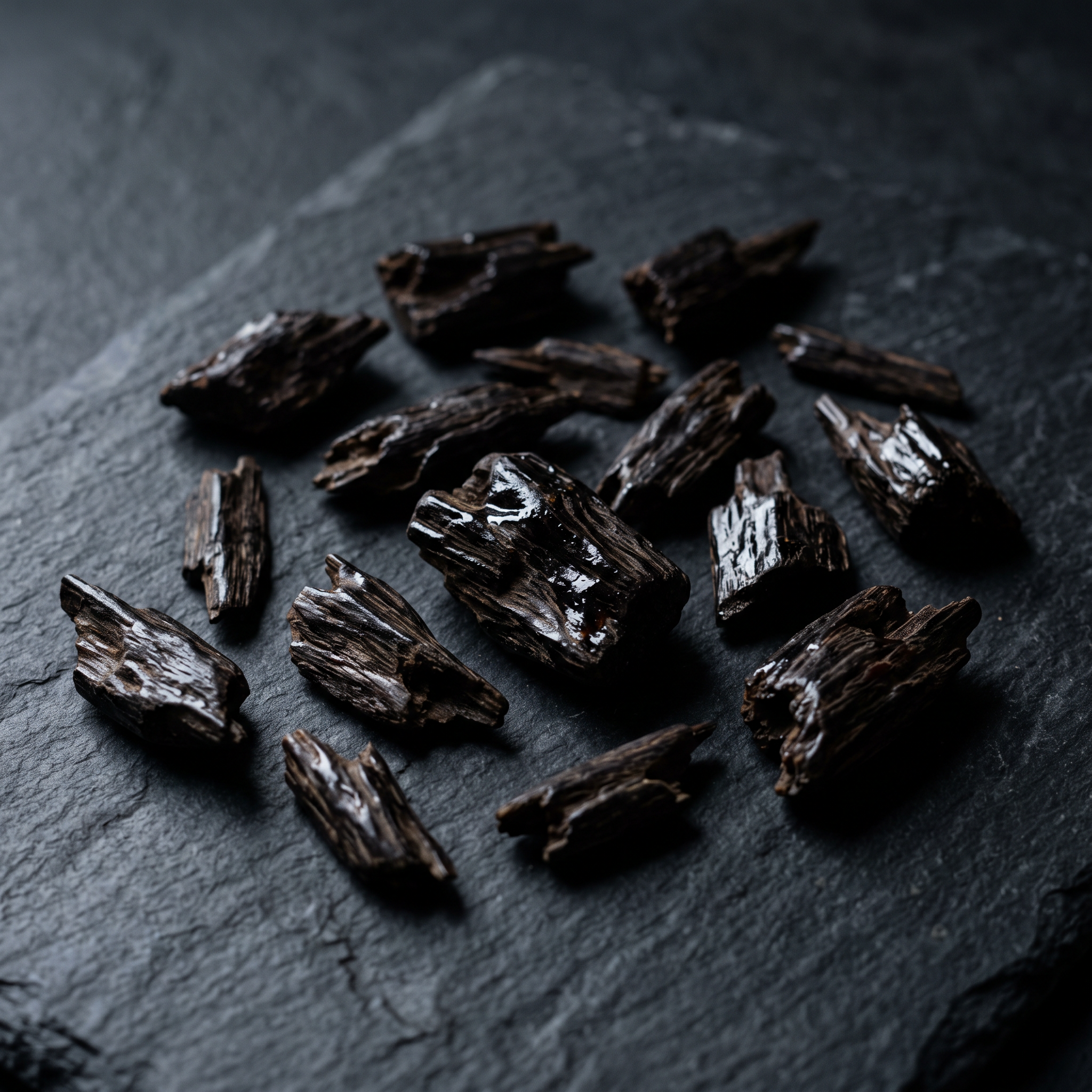 Copeaux de bois de oud indien Assam, très sombres, sur pierre anthracite