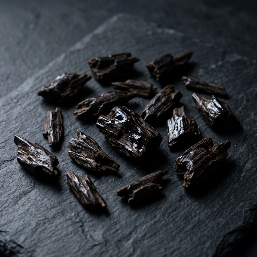 Copeaux de bois de oud indien Assam, très sombres, sur pierre anthracite
