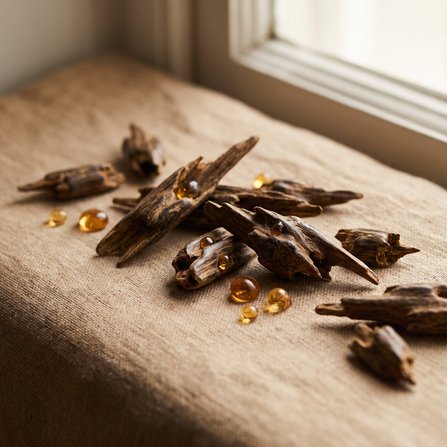 Copeaux de bois de oud cambodgien et gouttes de résine ambrée sur lin beige