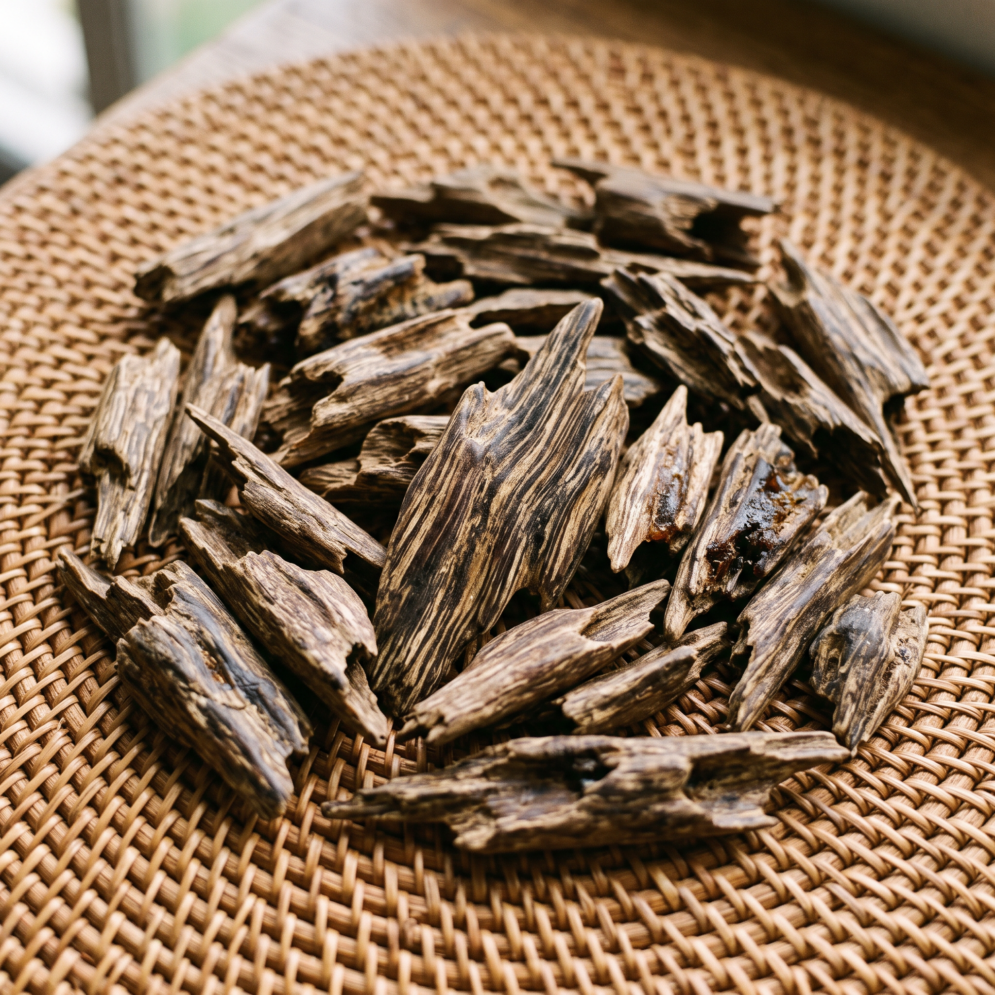 Copeaux de bois de oud malaisien sur fibre de rotin tressée