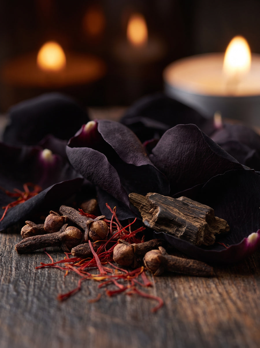 Bougie d'Ambiance – La Rose Noire — matières — Atelier Neroli
