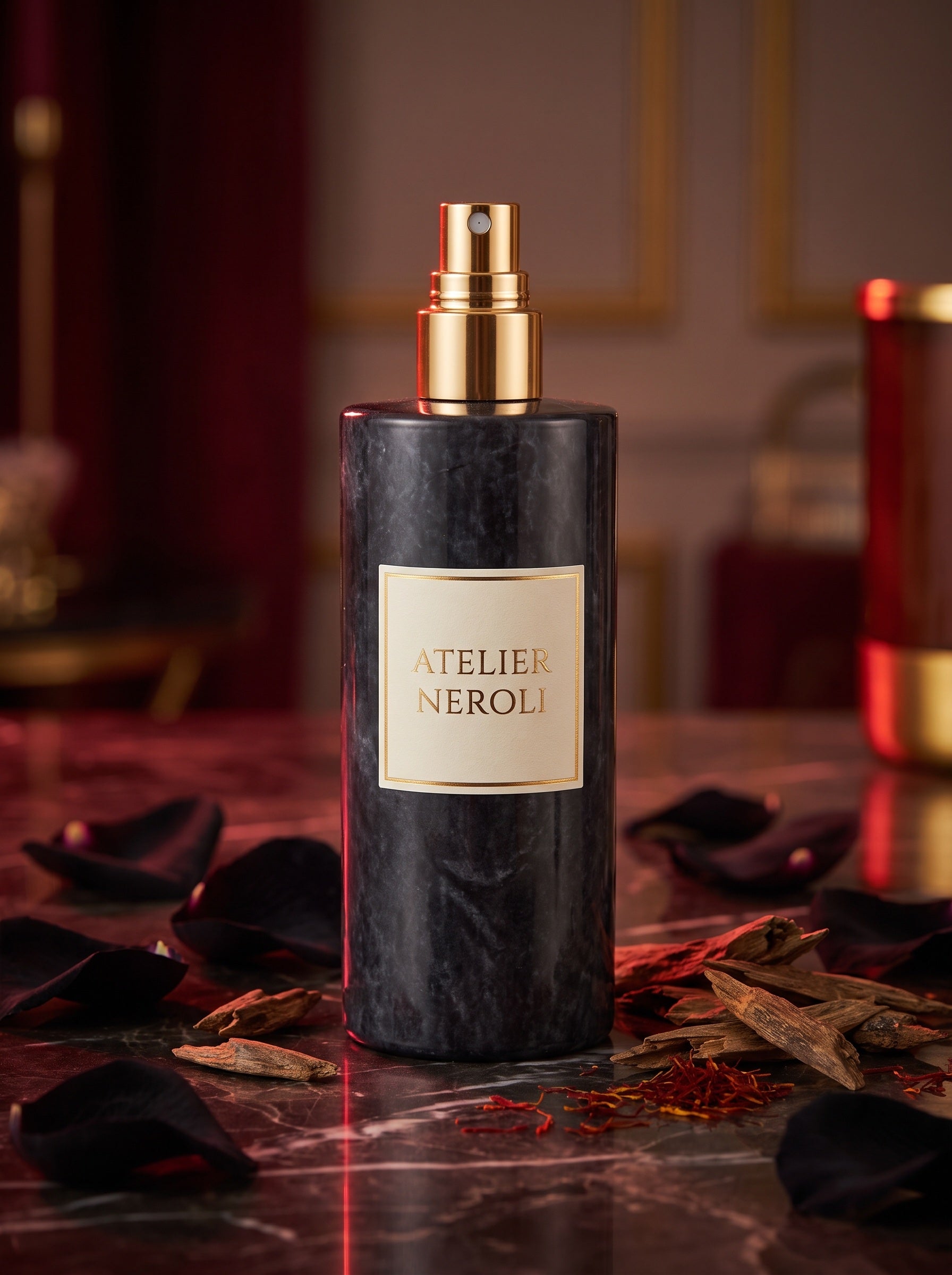 Vaporisateur d'Ambiance La Rose Noire — flacon sur marbre — Atelier Neroli