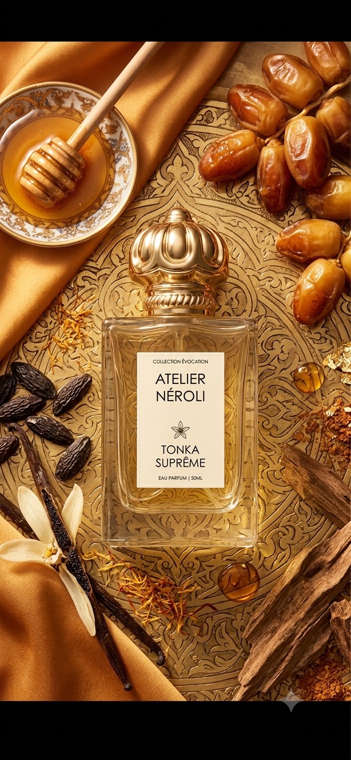 Tonka Suprême — dattes, miel, fève tonka et vanille, matières premières du parfum